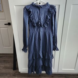 Kristinit Long Sleeve Ruffle Dress Navy Blue Prairie Cottage Core Midi Size M